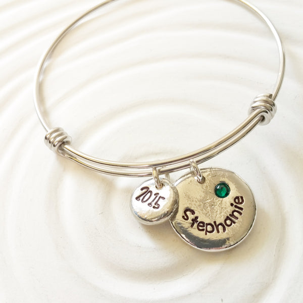 Name and Birthstone Bracelet | Graduation Year | Adjustable Bangle