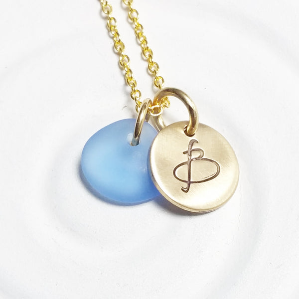 Initial Necklace | Golden Glow Disc | Sea Glass Pendant