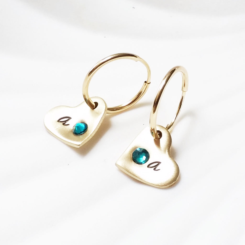 Birthstone Heart Initial Earrings | Gold Filled Hoop Earrings