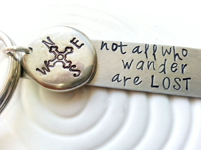 Personalized Key Chain - Hand Stamped Personalized Keychain - Not All Who Wander Are Lost Compass Key Ring