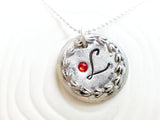 Leaf Border Recycled Button Necklace | Birthstone Initial