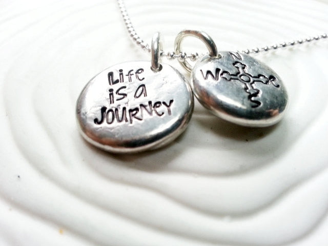 Life is a Journey and Compass Necklace - Personalized, Hand Stamped Inspirational Jewelry - Inspirational Message Necklace