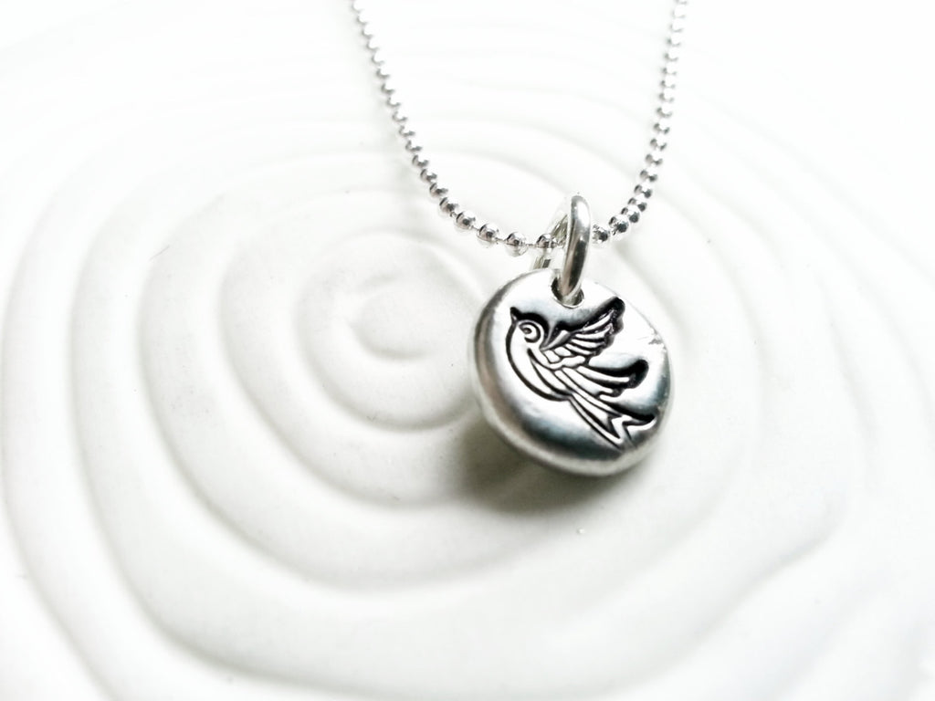Tattoo Sparrow Necklace- Hand Stamped, Personalized Bird Necklace - Tiny Bird Charm