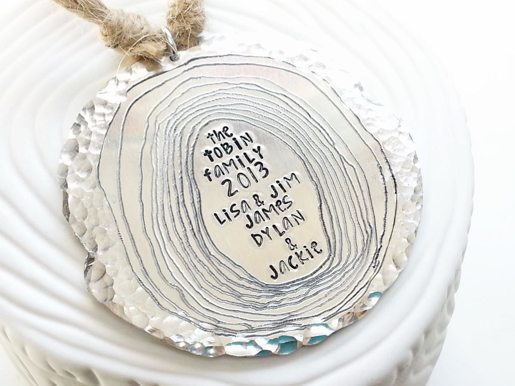 Hand Stamped, Personalized Metal Tree Ornament - Personalized Christmas Ornament - Tree Stump Ornament - Holiday Gift