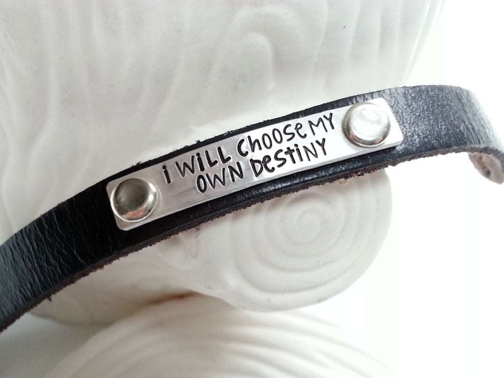 Hand Stamped. Personalized Leather and Metal Cuff Bracelet - Stamped Leather Cuff Bracelet - Custom Text - Gift for Her, Gift for Him