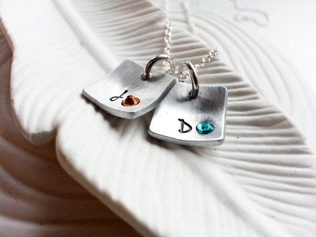 Birthstone Initial Necklace - Square Mother's Necklace - Hand Stamped, Personalized Initial with Birthstone - Gift for Her - Mother's Day