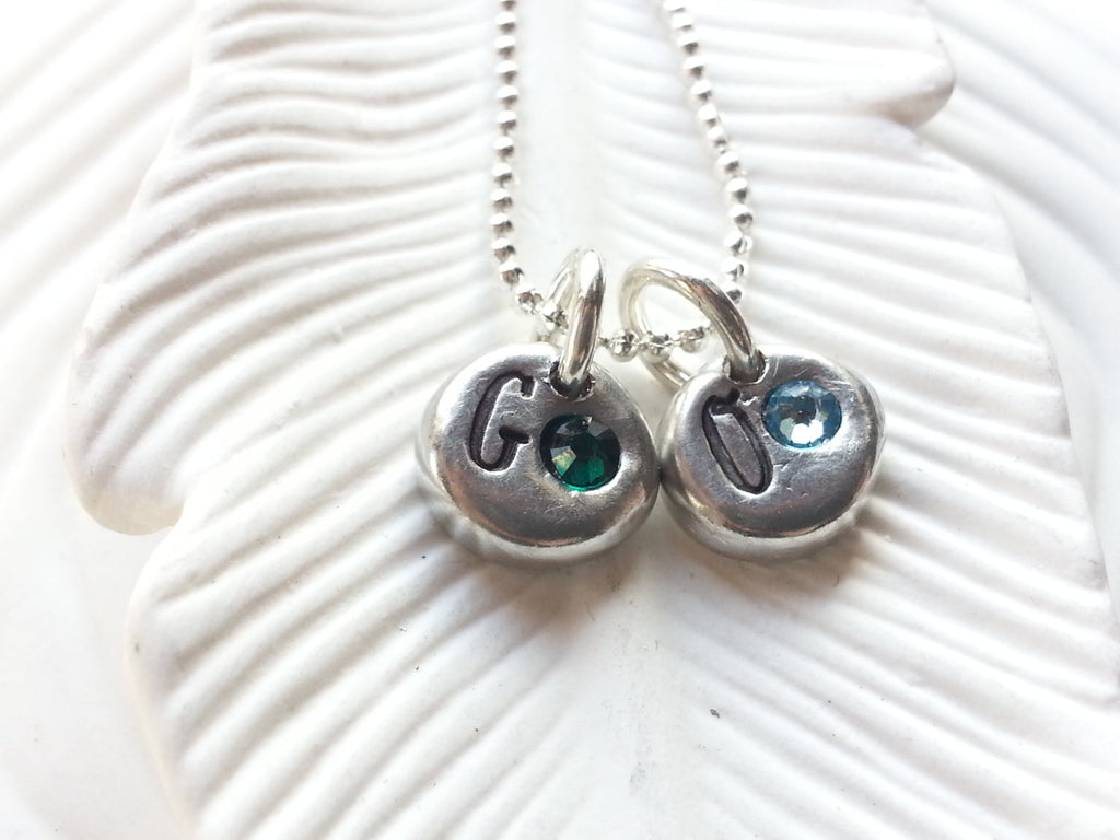 Personalized Birthstone Initial Necklace - Hand Stamped Initial Charms Set with Swarovski Crystal Birthstones