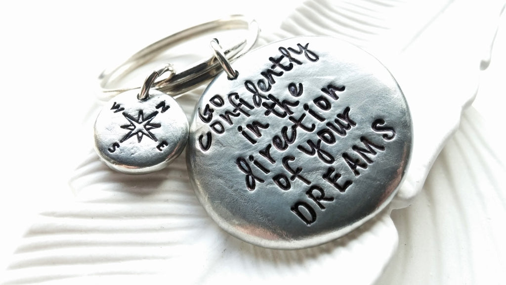 Hand Stamped Personalized Keychain -Go Confidently in the Direction of Your Dreams - Thoreau Quote - Graduation Gift - Men's Gift