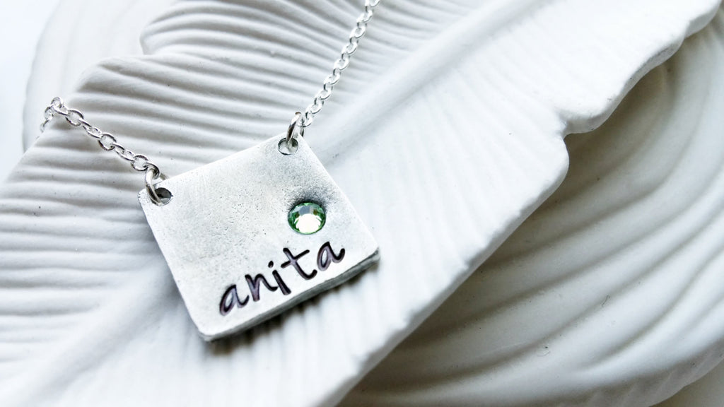 Birthstone Square Bar Necklace - Rustic Necklace with Birthstone - Personalized Name Necklace - Hand Stamped, Personalized Gift for Her
