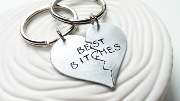 Best Bitches Keychain - Hand Stamped, Personalized Best Friends Keychain - Broken Heart 2 Piece Keychain Set - Gift for Her -Gift for Friend