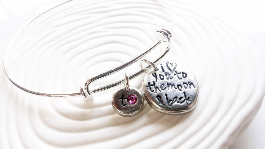 I Love You To the Moon & Back Adjustable Bangle Bracelet -Personalized, Hand Stamped Initial and Birthstone Bracelet -Mother's Day Gift