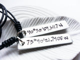 Latitude and Longitude Tag Necklace | Leather or Sterling SIlver Chain Option