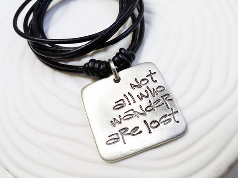 Not All Who Wander Are Lost Necklace | Modern Square Unisex Leather Necklace