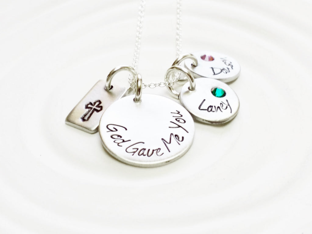 God Gave Me You - Personalized Jewelry - Birthstone Child's Name Necklace- Hand Stamped Jewelry - Mother's Necklace - Cross - Crucifix