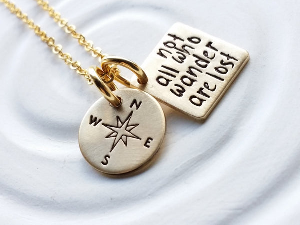 Not All Who Wander Are Lost Compass Necklace Gold Tone – lark