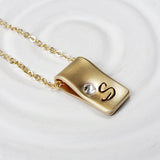 Fold Over Initial Charm Necklace | Birthstone Initial | Gold Tone