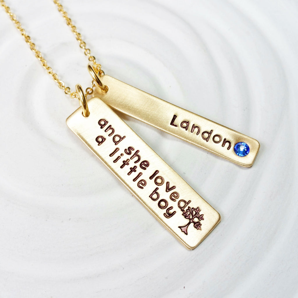Birthstone Mother's Necklace - Hand Stamped - Personalized Jewelry - Gold Tone Tag Necklace - Mother's Day Gift - And She Loved a Little Boy