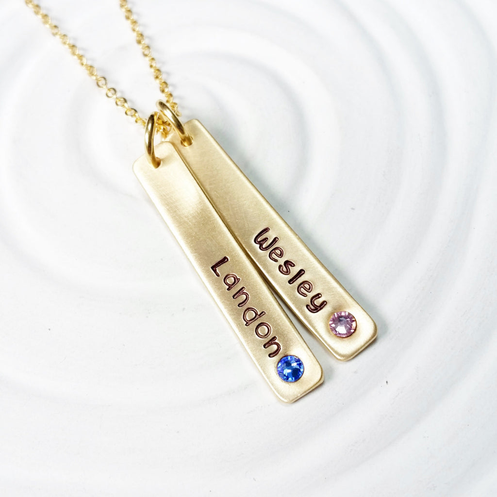 Birthstone Mother's Necklace - Hand Stamped - Personalized Jewelry - Gold Tone Tag Necklace - Mother's Day Gift - Gift for New Mom