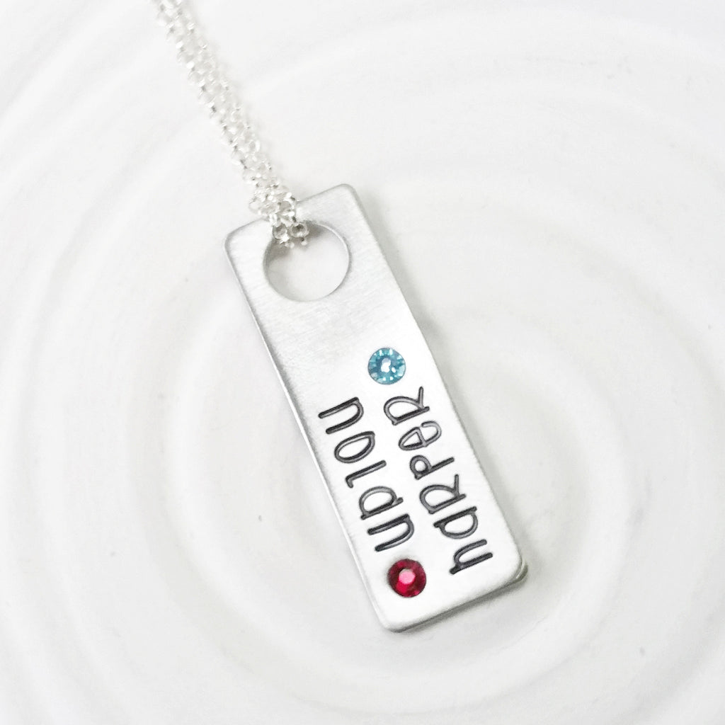 Floating Hole Tag Necklace | Two Name Birthstone Rectangle