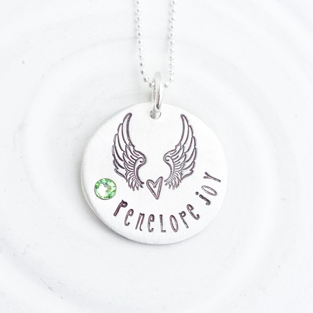 Angel Wings Birthstone Heart Necklace | Angel Baby Necklace