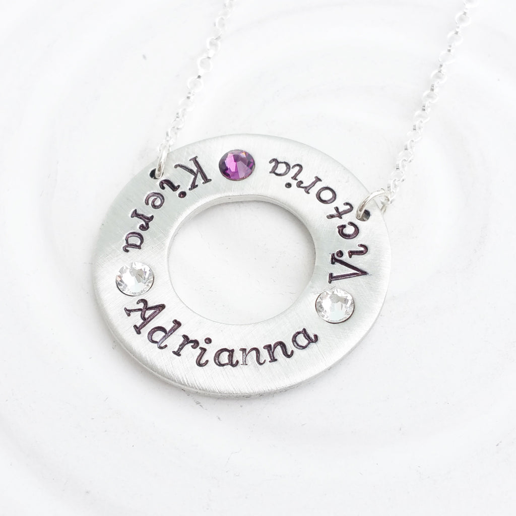Fixed Washer Necklace | Name and Birthstone Circle Necklace