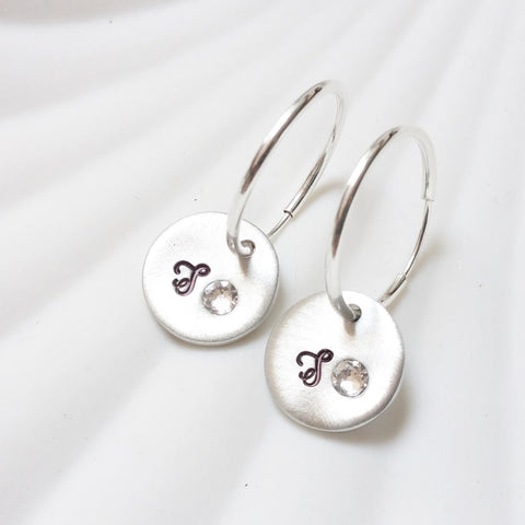 Birthstone Initial Earrings | Initial Charm Hoop Earrings