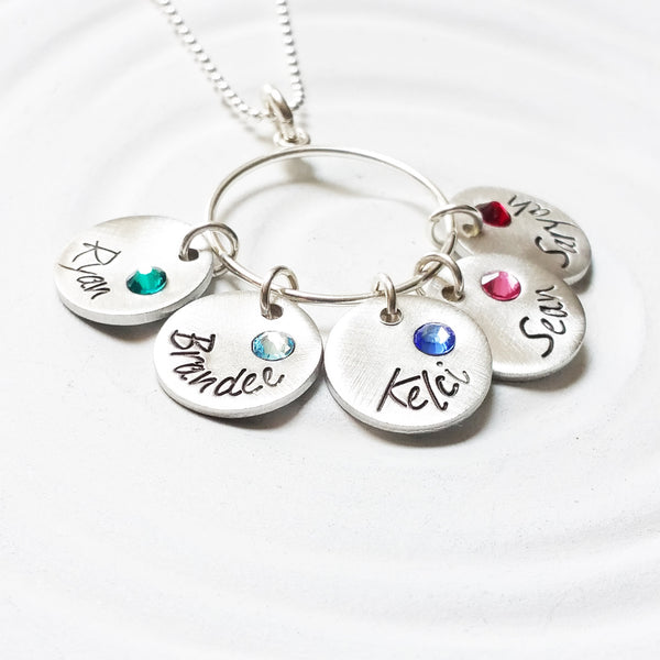 Name and Birthstone Disc Necklace | Charm Ring Necklace