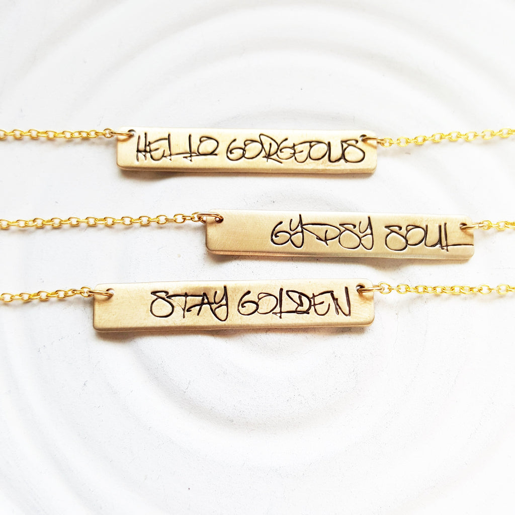 Gold Graffiti Bar Necklace | Custom Text | Golden Glow