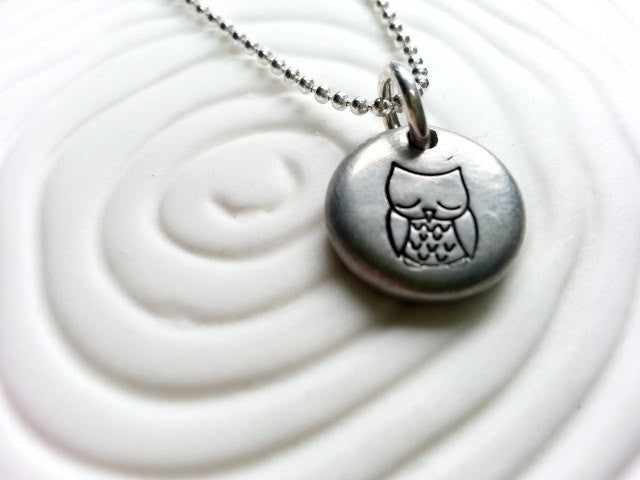 Owl Necklace- Sleeping Baby Owl Personalized Hand Stamped Owl Necklace