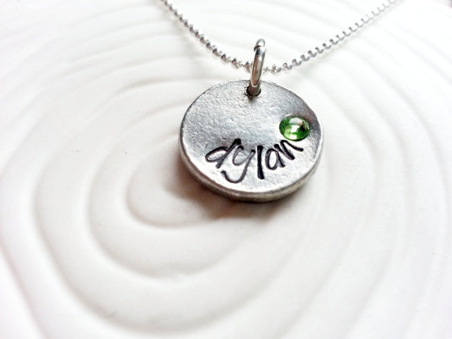 Personalized Hand Stamped Upcycled Vintage Button Birthstone Initial Necklace - Stamped Initial Birthstone Necklace