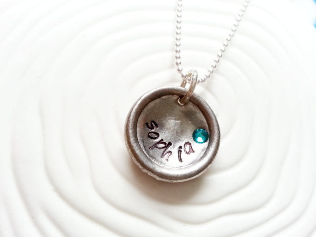 Personalized Hand Stamped Upcycled Vintage Button Birthstone Name Necklace - Stamped Name Birthstone Necklace