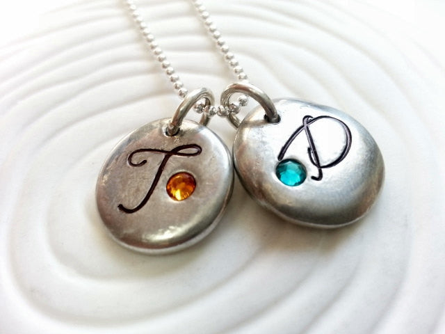 Personalized Birthstone Initial Necklace- Hand Stamped Two Initial Mother's Birthstone Necklace