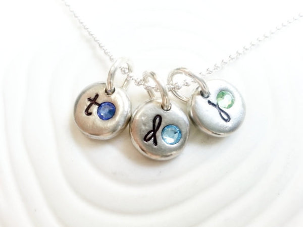 Personalized Hand Stamped Birthstone Initial Necklace - Three Initial and Birthstone Mother's Necklace - Mother's Day Gift