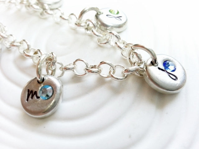Bracelet - Personalized Hand Stamped Charm Bracelet - Initial and Birthstone Mother's or Grandmother's Bracelet - Mother's Day Gift
