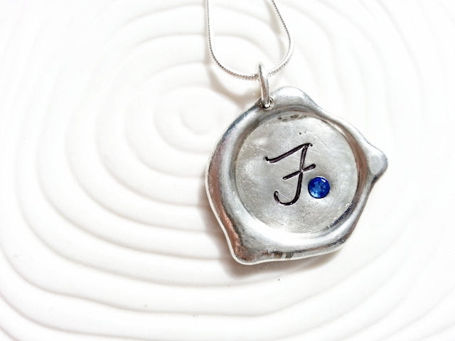 Personalized Birthstone Initial Wax Seal Necklace - Hand Stamped Initial and Swarovski Birthstone Necklace - Bridesmaids Gift - Mother's Day