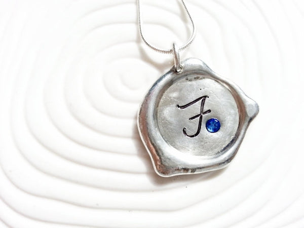 Personalized Birthstone Initial Wax Seal Necklace - Hand Stamped Initial and Swarovski Birthstone Necklace - Bridesmaids Gift - Mother's Day