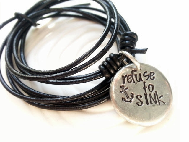Hand Stamped Personalized Necklace- Customized Text- Man's Necklace - Unisex Leather Necklace - Refuse to Sink
