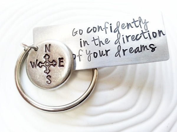Hand Stamped Personalized Keychain -Go Confidently in the Direction of Your Dreams - Thoreau Quote - Graduation Gift - Men's Gift