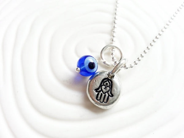 Hamsa - Evil Eye Necklace - Glass Evil Eye Hand Stamped Personalized Necklace - Hand Of Fatima - Chamsa