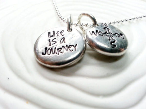 Life is a Journey and Compass  Necklace - Personalized, Hand Stamped  Inspirational Jewelry - Inspirational Message Necklace