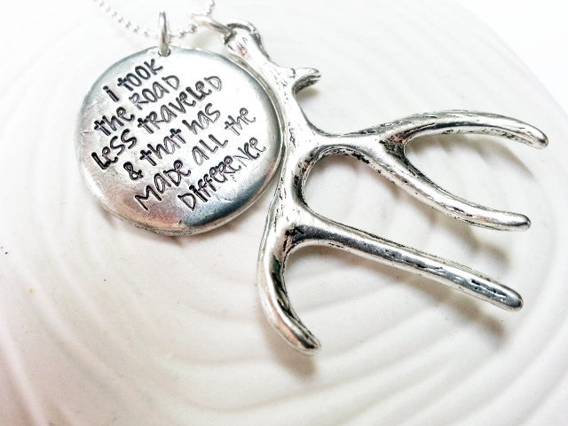 Inspirational Necklace- Hand Stamped -  I Took The Road Less Traveled On - Robert Frost Quote and Antler Necklace - Long Medallion Pendant
