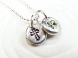 Personalized Birthstone Initial and Cross Necklace - Hand Stamped Initial with Crucifix Pendant - Spiritual or Religious Gift