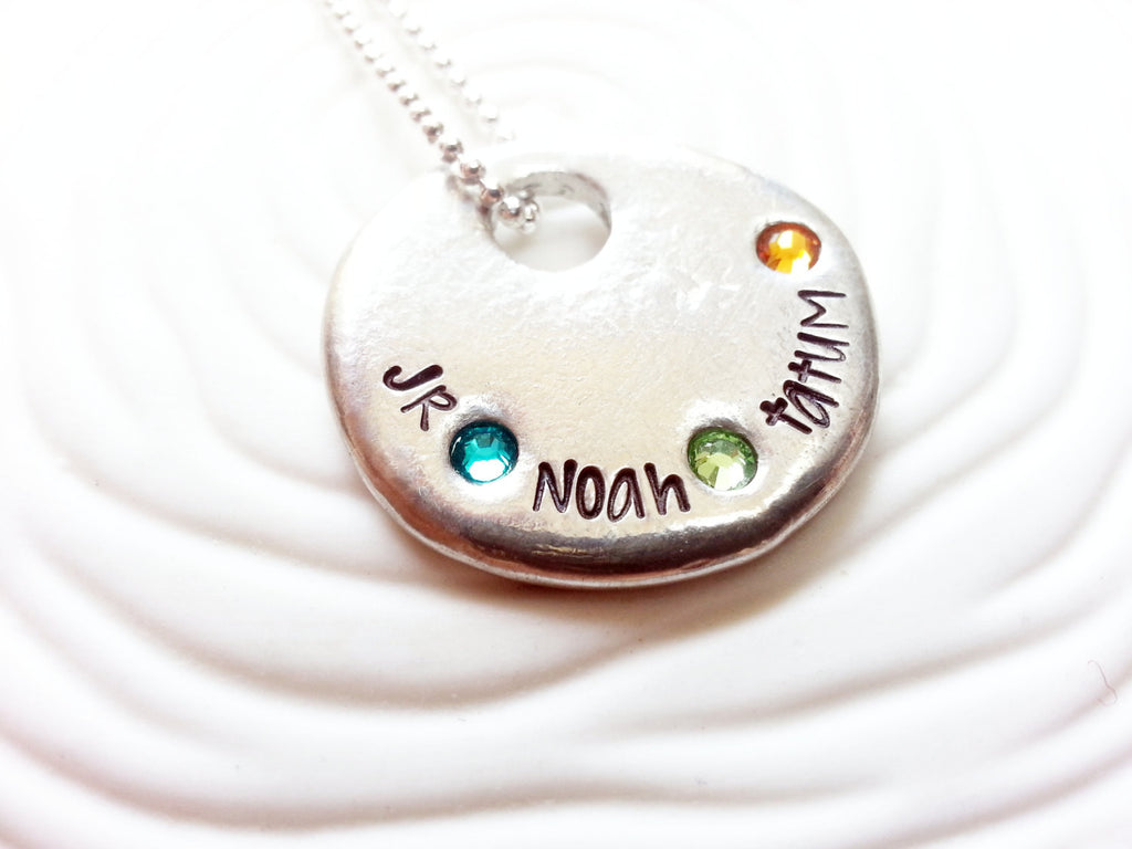 Mother's Necklace - Three Name, Personalized, Hand Stamped Birthstone Name Necklace