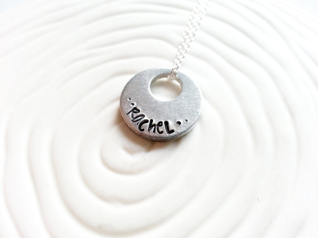 Mother's Necklace - Child's Name Hand Stamped Personalized Disc Necklace - Name Charm - Customized Jewelry - Engraved Pendant