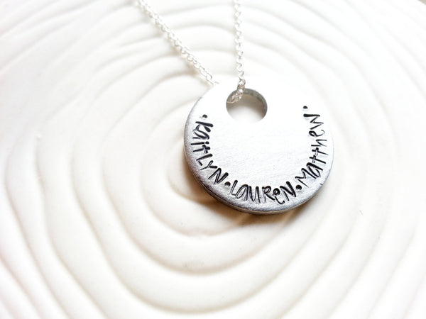 Mother's Necklace - Child's Name Hand Stamped Personalized Disc Necklace - Name Charm - Customized Jewelry - Engraved Pendant