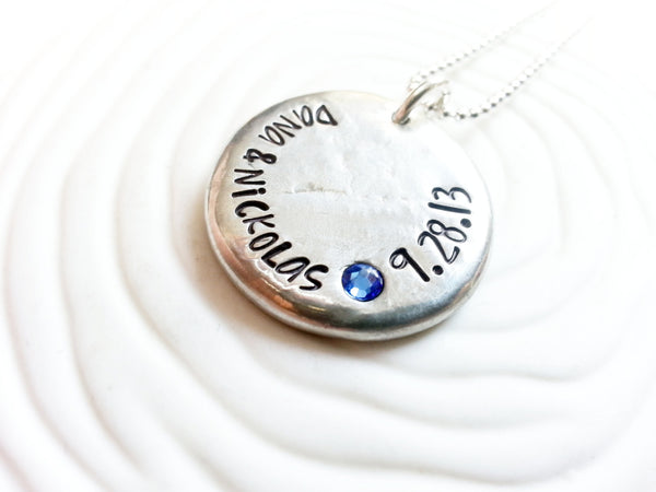 Birthstone Wedding Necklace - Hand Stamped, Personalized Wedding Name and Date Necklace with Swarovski Crystal Birthstone - Wedding Gift