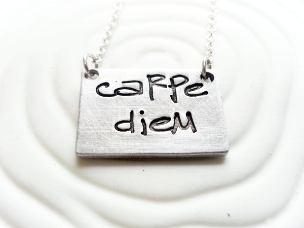 Carpe Diem Necklace - Hand Stamped, Personalized Graffiti Lettering Custom Text Necklace