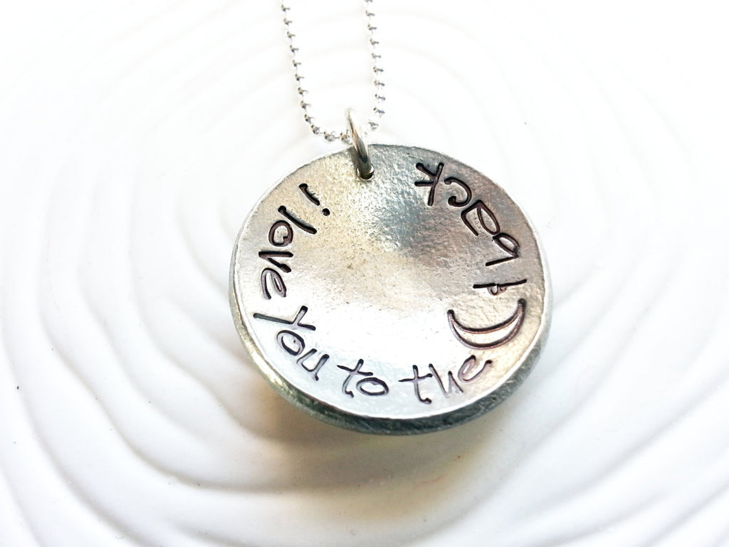 Personalized, Hand Stamped- I Love You To The Moon & Back Necklace - Upcycled Button Necklace - Custom Text - Concave Shaped Pendant