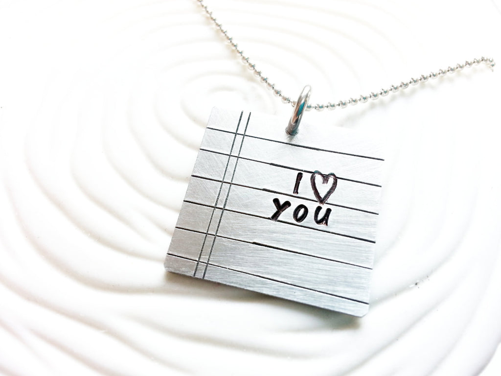 Personalized Love Note Necklace - Hand Stamped Notebook Paper Necklace - Customize Your Text - Gift for Her