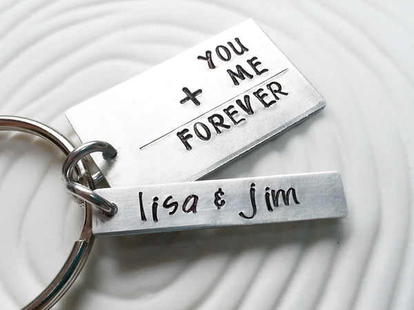 You + Me = Forever Keychain - Couples Keychain - Hand Stamped, Personalized Gift for Her - Gift For Him - Math Equation Keychain -Geek Gift